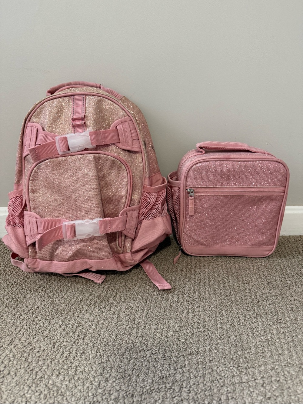 Pottery Barn Pink Sparkle Glitter Mackenzie Small Backpack and Classic Lunchbox